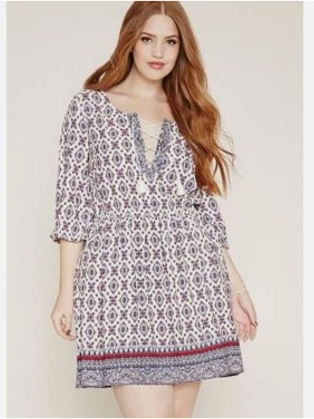 Forever 21 Plus Sizes Geometric Boho /Lace Up Tassles Midi Dress. Size 3X